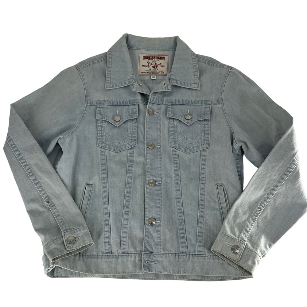 True Religion Denim Jacket Mens XL Blue Light Wash Trucker Hip Hop Y2K Flap Jean